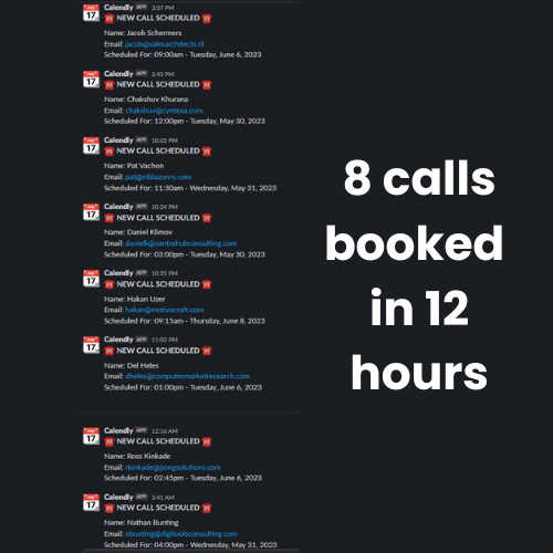 Calendly notifications showing 8 calls booked in 12 hours
