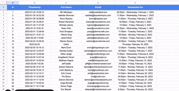 Spreadsheet showing 81 booked sales calls